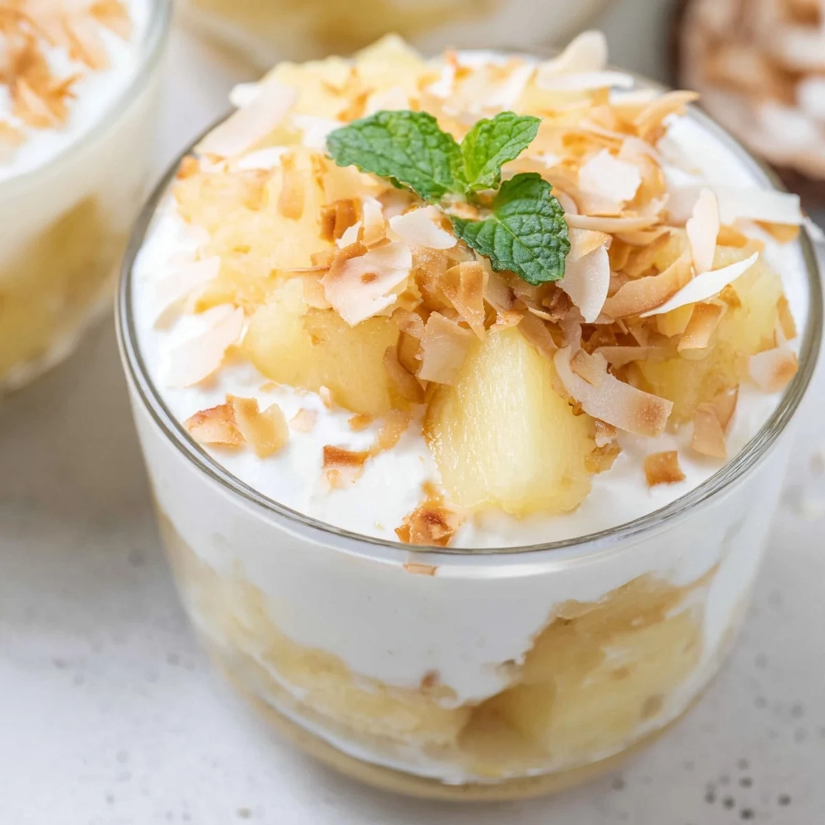 Mini pineapple condensed coconut milk served in small dessert cups with toasted coconut flakes and fresh mint garnish