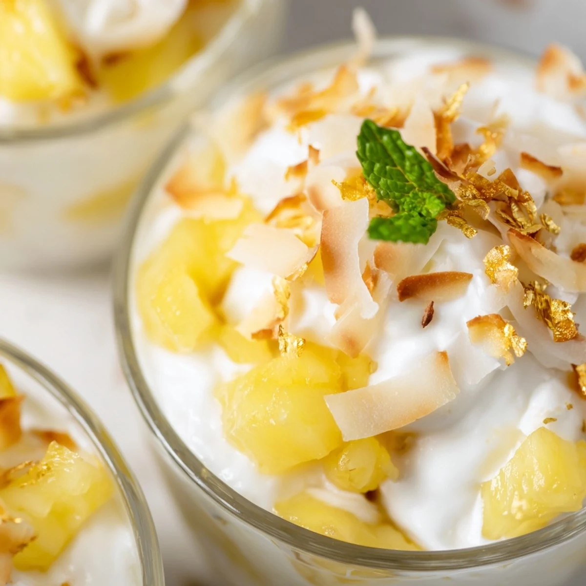 Creamy mini pineapple condensed coconut milk layered over juicy diced pineapple in individual glass bowls