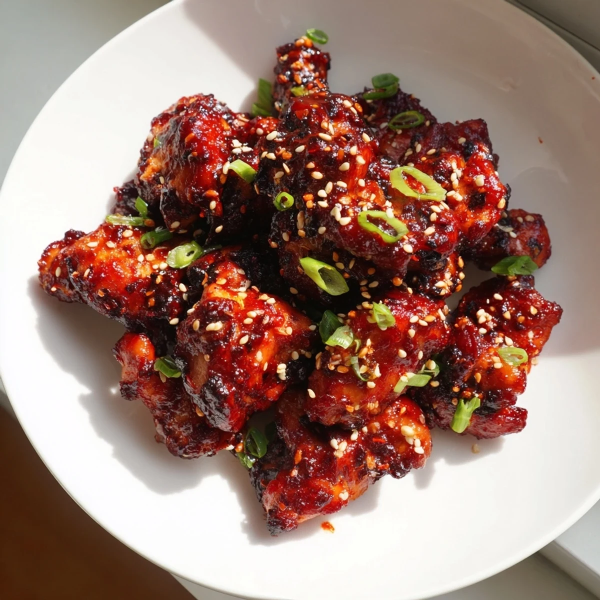 Bowl of spicy gochujang chicken served over steamed white rice with scallions