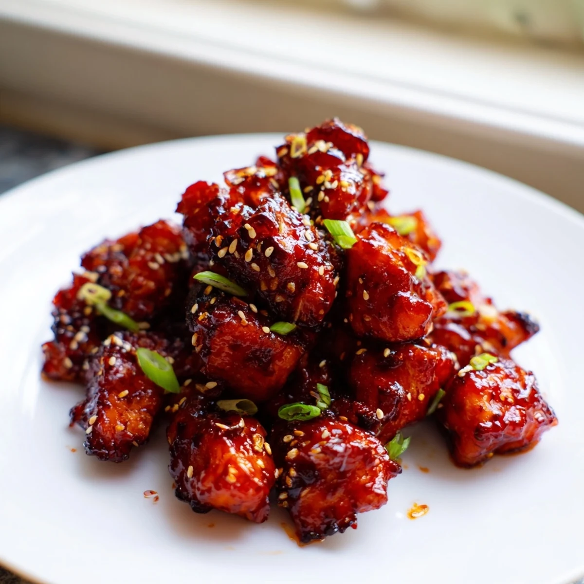 Glossy gochujang chicken pieces caramelized in a cast iron skillet with sesame seeds