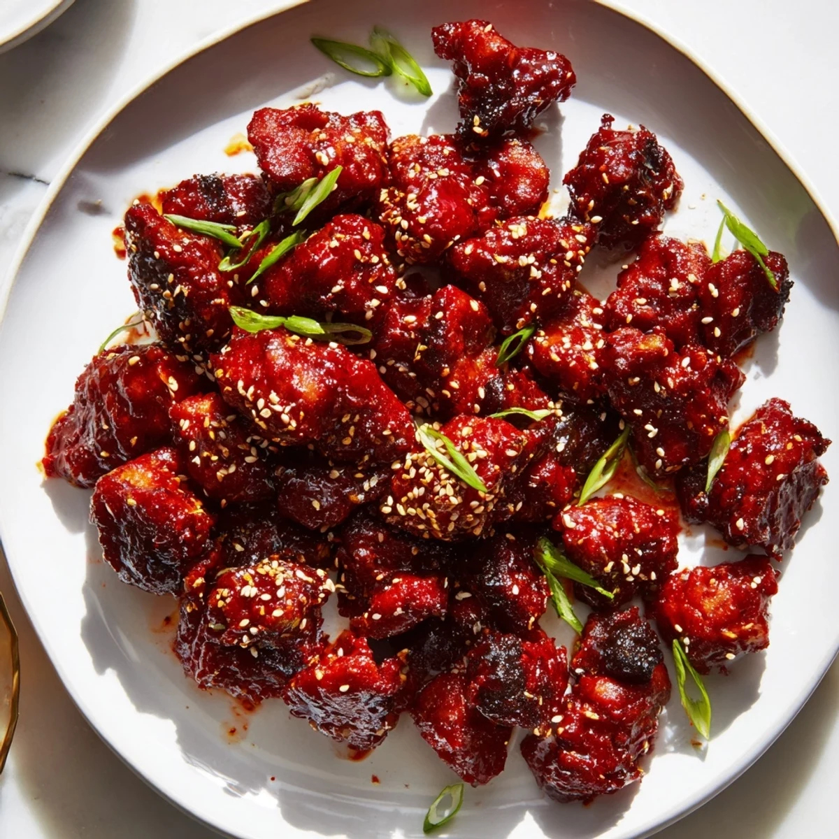 Sticky gochujang chicken thighs glistening with red chili glaze and fresh green onion garnish