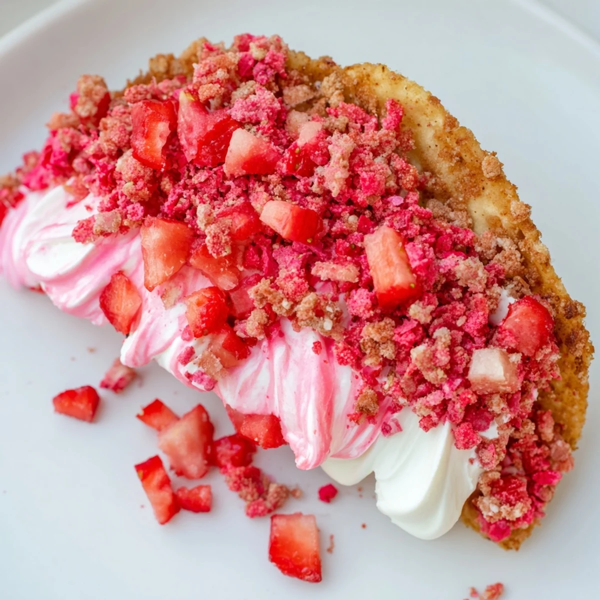 Crispy cinnamon sugar tortilla shells filled with creamy strawberry crunch cheesecake tacos