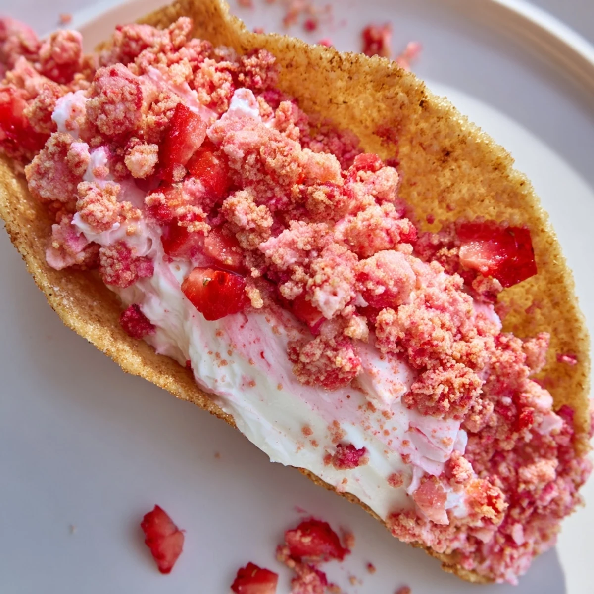 Creamy cheesecake filling spills from golden taco shells topped with strawberry crunch crumble
