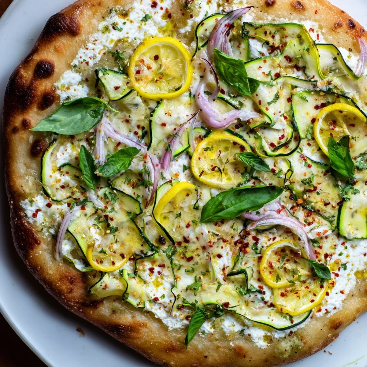 Golden Zesty Summer Lemon Pizza topped with fresh zucchini ribbons and creamy melted ricotta cheese