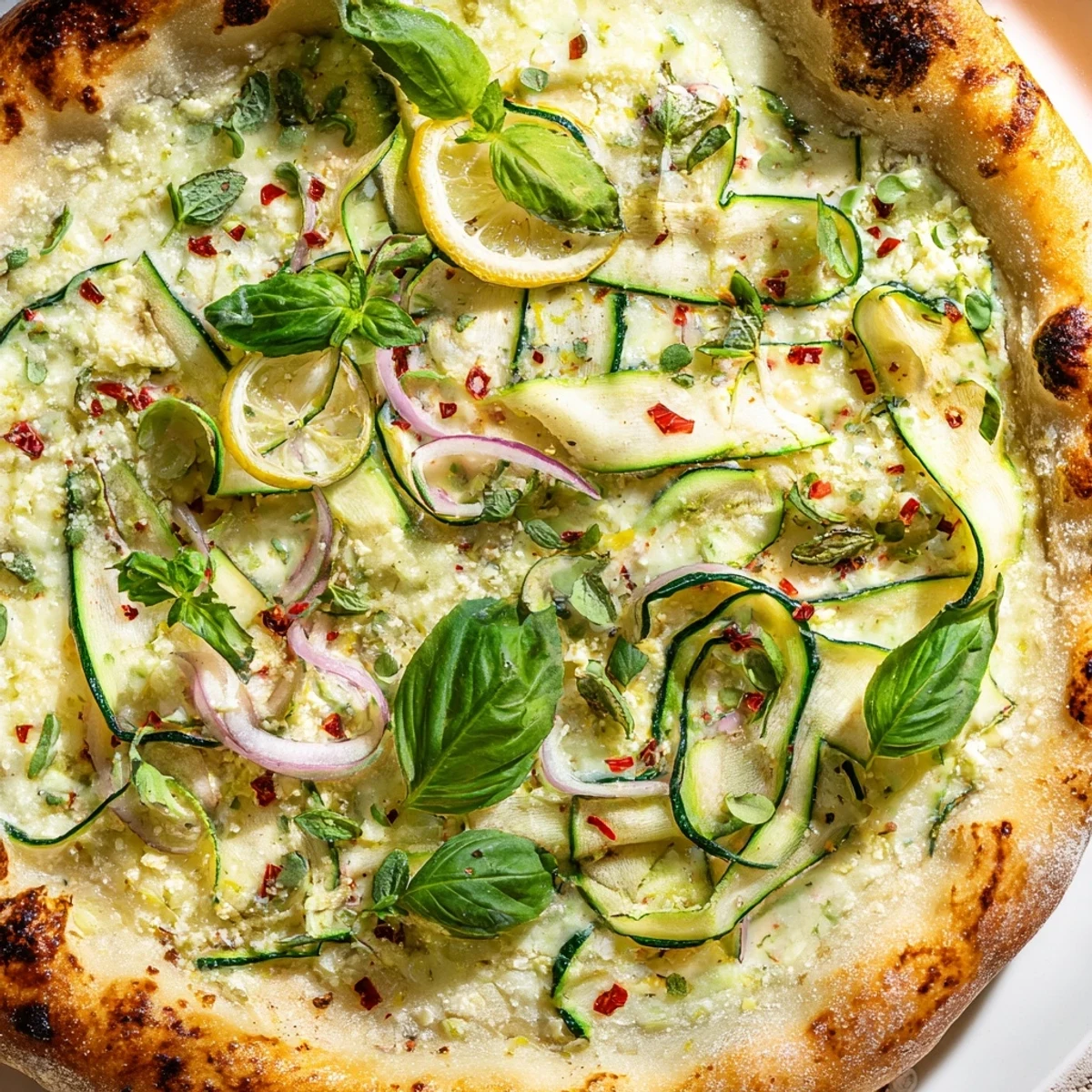 Sliced Zesty Summer Lemon Pizza garnished with basil mint and red onion on a wooden board