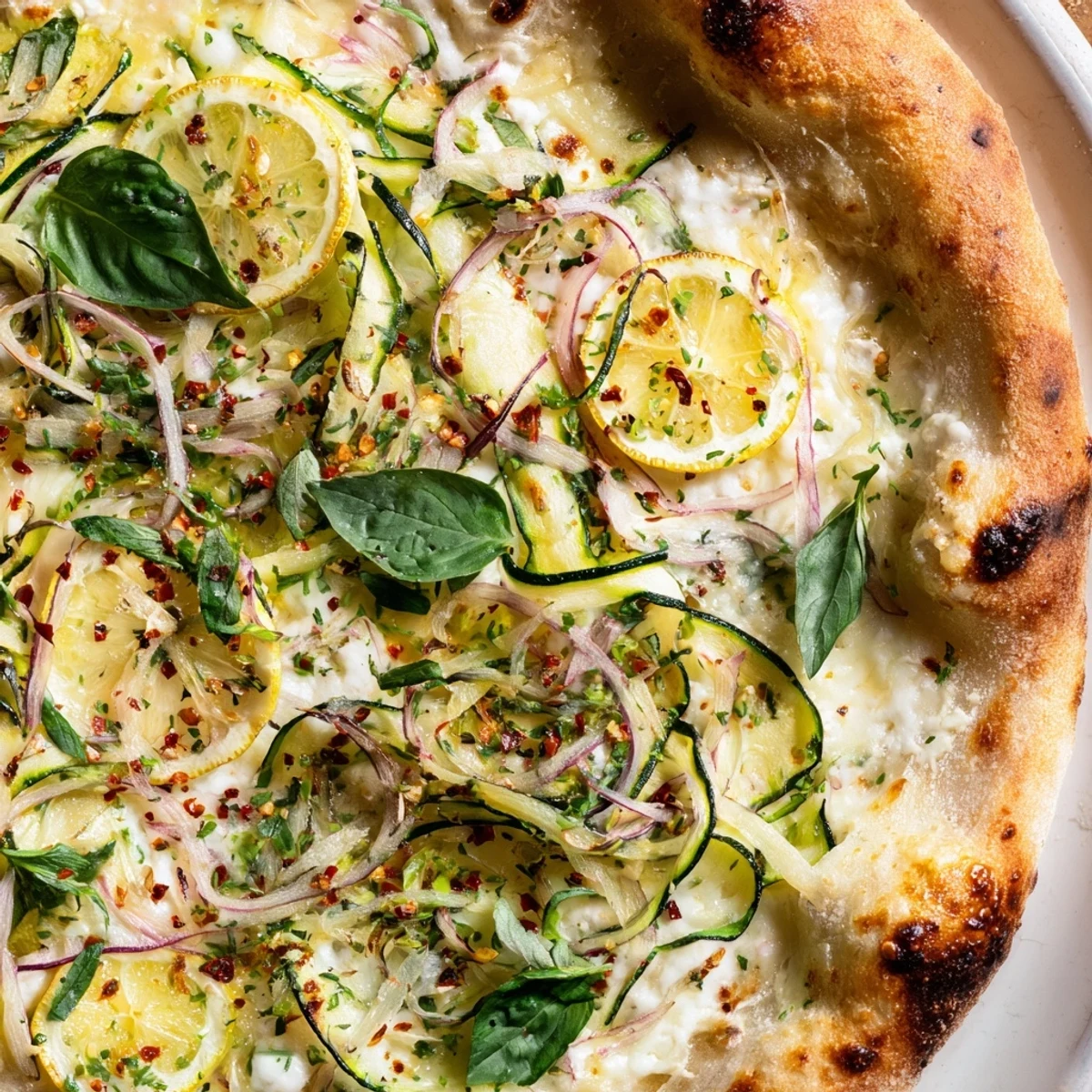 Close-up of Zesty Summer Lemon Pizza bubbling with mozzarella parmesan and tart lemon slices