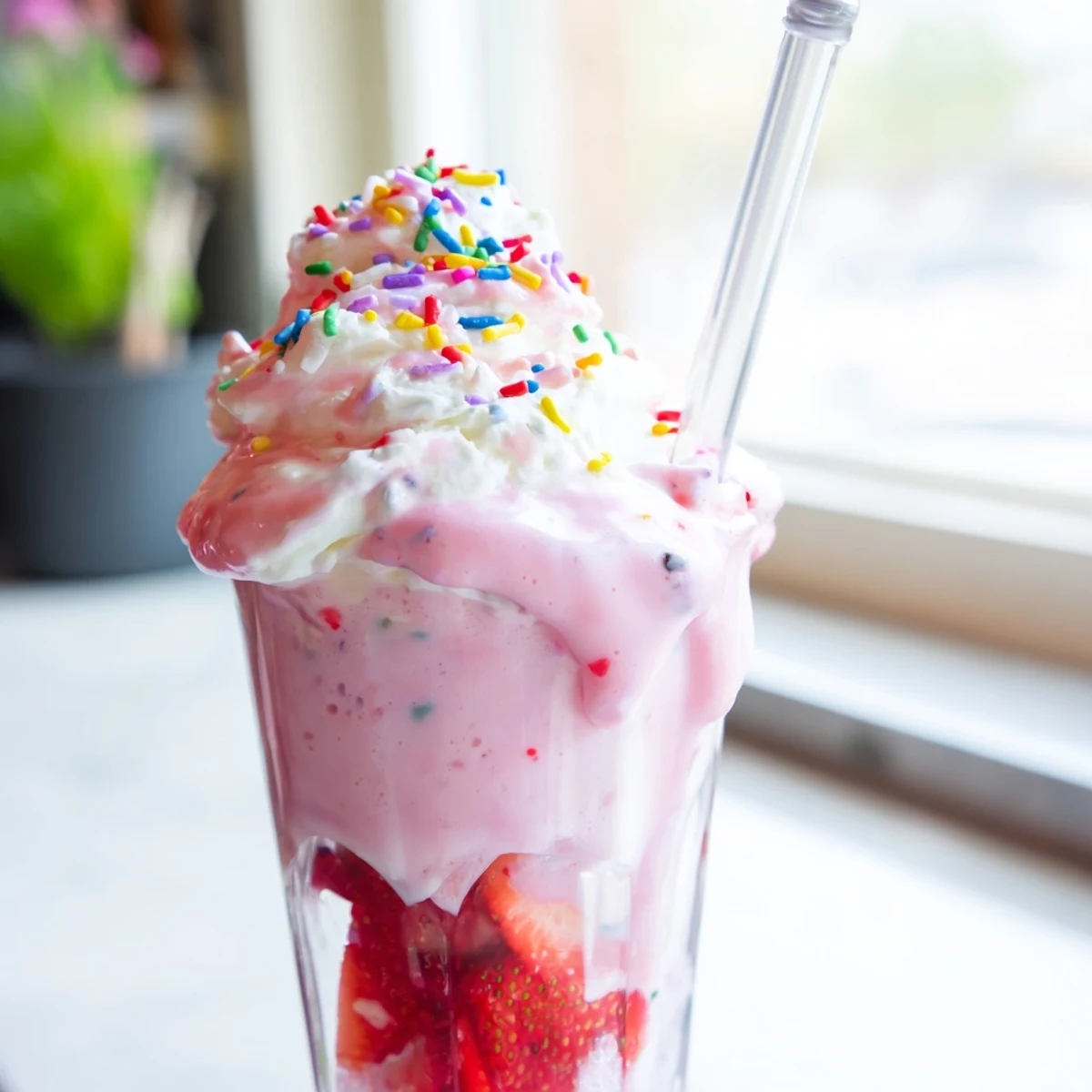 A tall glass of delicious strawberry milkshake topped with whipped cream and fresh fruit.