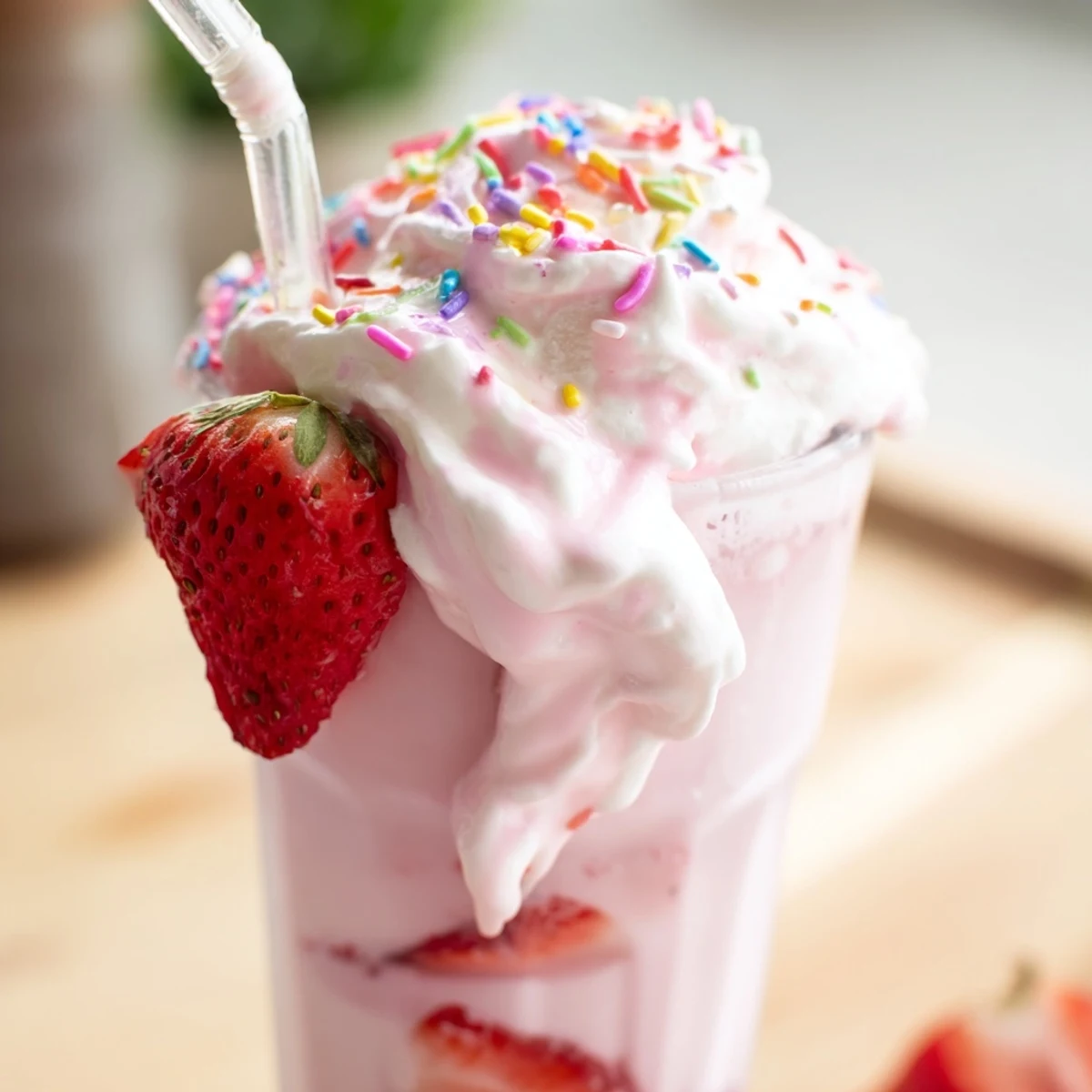Creamy delicious strawberry milkshake recipe blended with ripe berries and served in a tall glass.