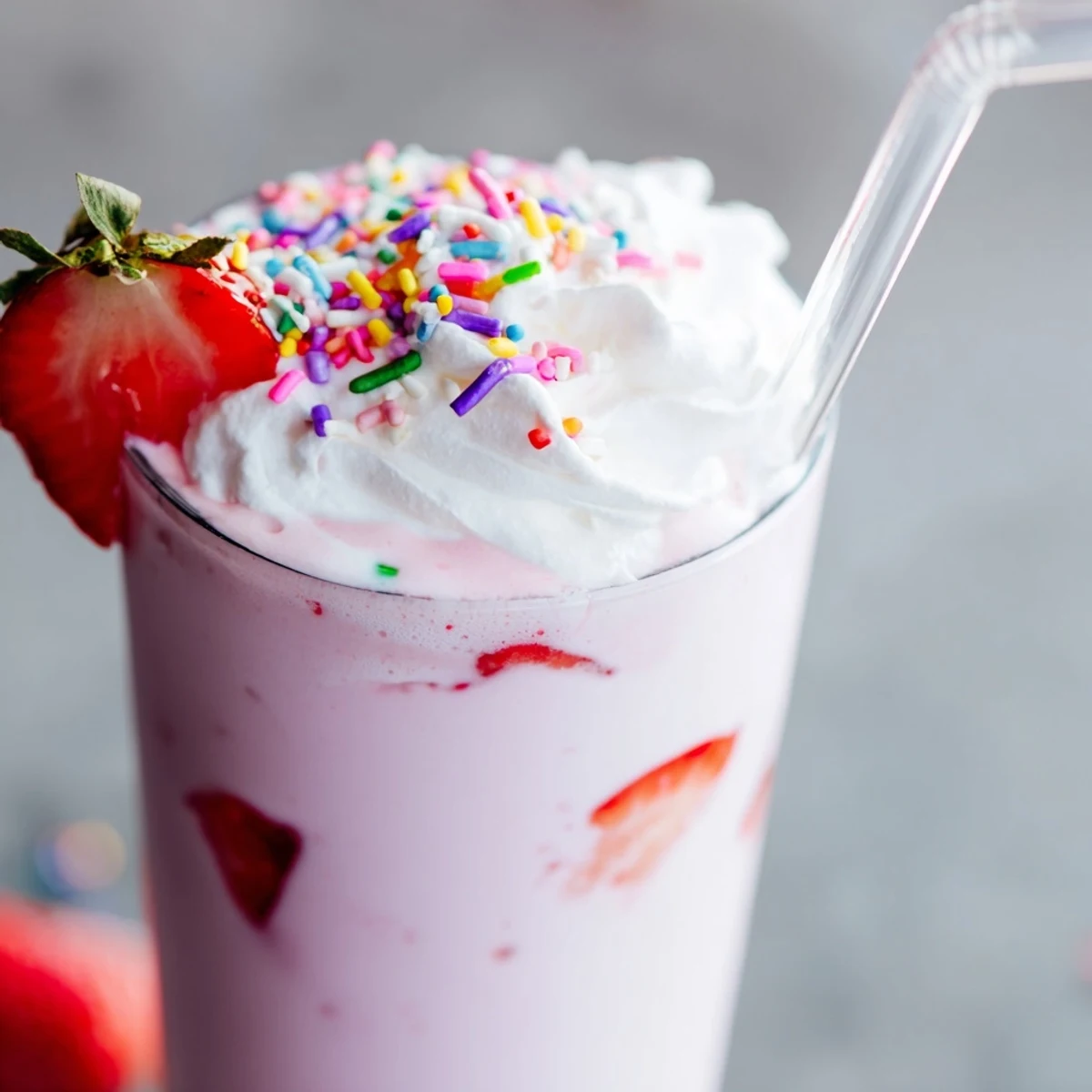 Glass of delicious strawberry milkshake with whipped cream, sprinkles, and a colorful striped straw.