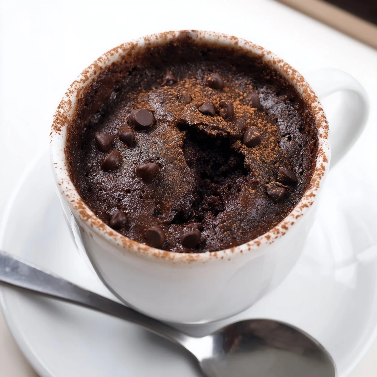A steaming gluten free chocolate mug cake topped with melting chocolate chips in a white ceramic mug.