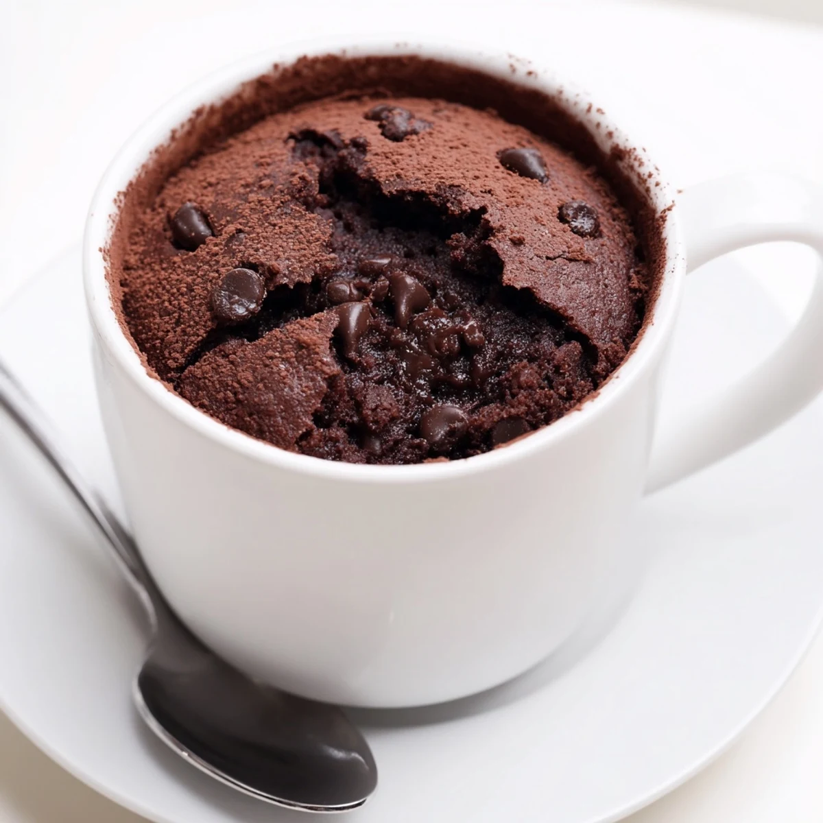 Single-serving gluten free chocolate mug cake garnished with whipped cream and enjoyed warm from the microwave.