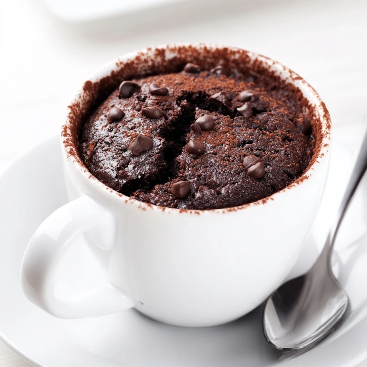 Rich and fudgy gluten free chocolate mug cake ready to eat with a spoon for a quick dessert.