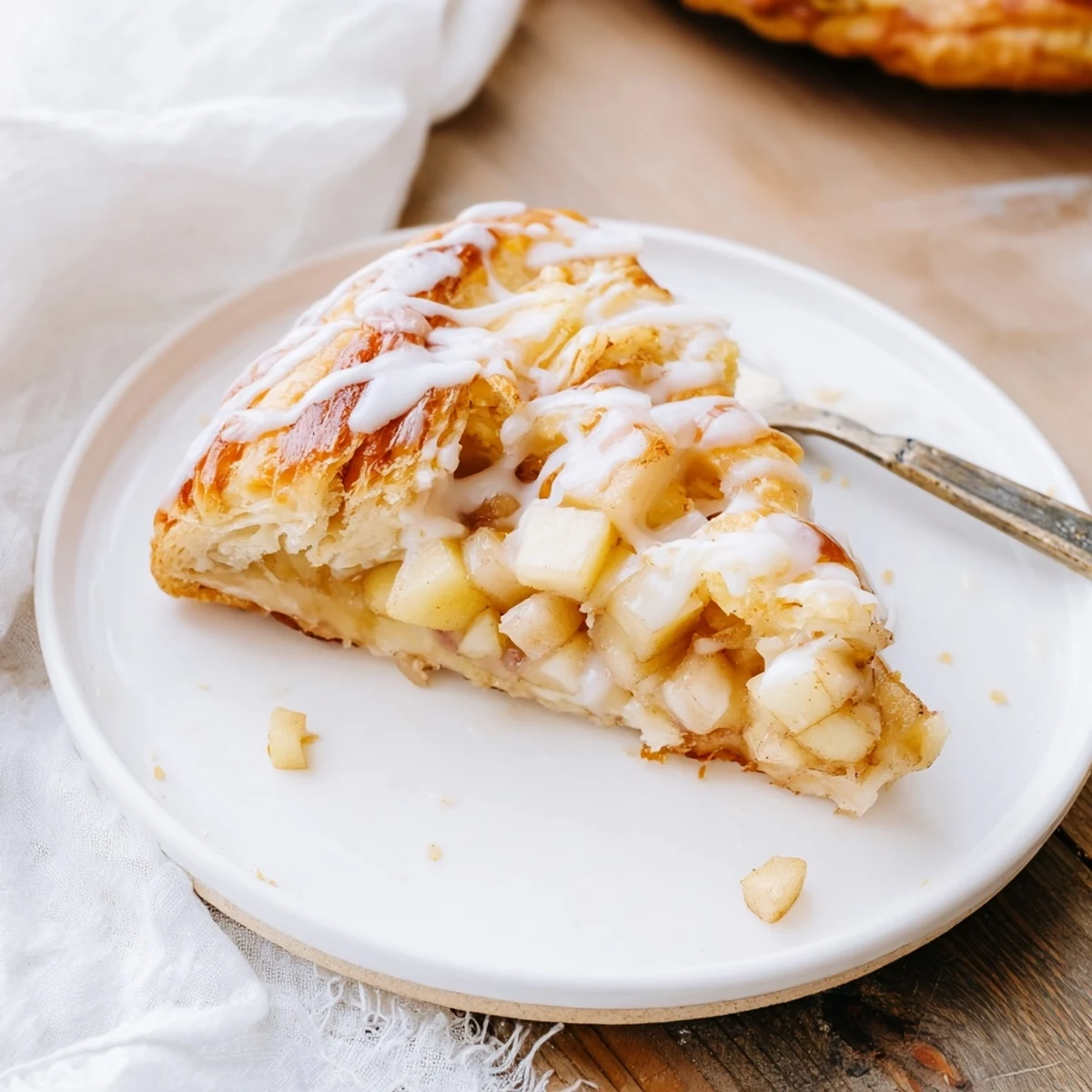 Close up of warm Apple Cheese Danishes drizzled with white glaze for breakfast