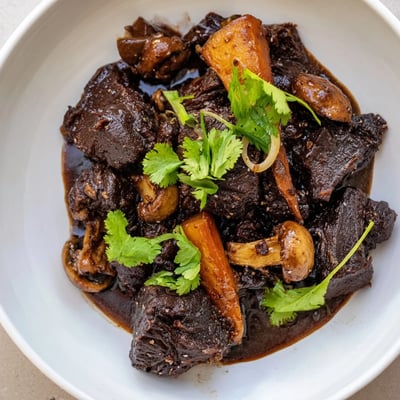 Hearty Asian Style Slow Cooked Beef Cheeks with Mushrooms glistening with savory braising liquid and fresh green onion garnish.