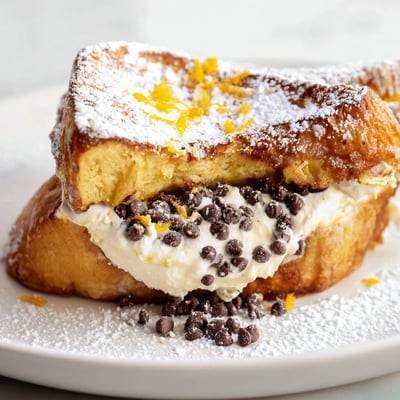 A close-up of Decadent Cannoli Stuffed French Toast reveals creamy filling oozing from thick brioche slices on a rustic table.