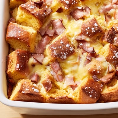 Monte Cristo Breakfast Casserole with savory ham, turkey, and Swiss cheese baked into a creamy egg custard with brioche.
