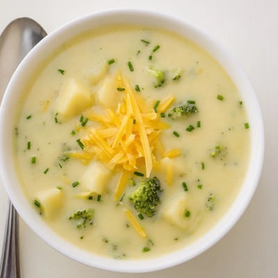 A close-up of Creamy Cheesy Broccoli Potato Soup, velvety texture with broccoli and potato chunks, served with crusty bread.  