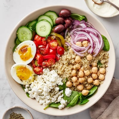 The High Protein Mediterranean Breakfast Bowls features feta, cherry tomatoes, cucumbers, olives, and fresh parsley for a bright, savory bite.