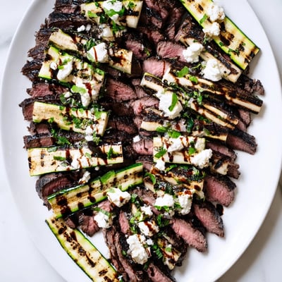 Tender slices of balsamic flank steak are topped with grilled zucchini and dollops of whipped feta.