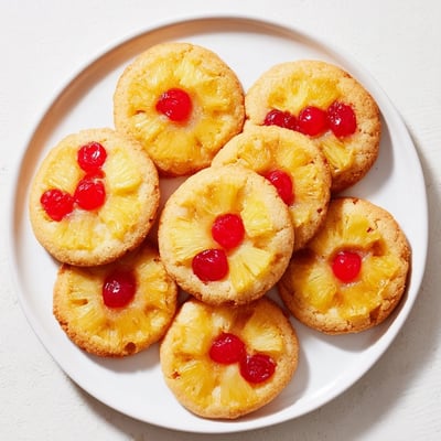 Pineapple Upside Down Sugar Cookies cooling on a wire rack, revealing sticky caramelized pineapple and cherry toppings for a tropical dessert treat.