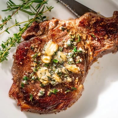 Perfectly seared Pan Seared Ribeye Steak sliced to reveal a pink interior, served alongside crispy roasted potatoes.