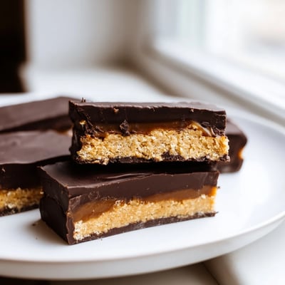 Healthy Twix Bars sliced to reveal a crunchy almond crust and silky caramel