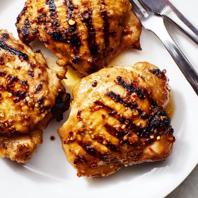 Juicy charred chicken thighs fresh off the grill dripping with killer chicken thigh marinade