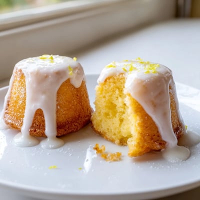 Moist mini lemon cakes topped with powdered sugar glaze served alongside fresh berries