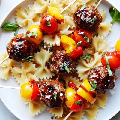 Colorful skewers featuring bowtie pasta and cocktail meatballs with vibrant bell peppers