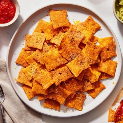 Crispy taco crackers arranged in a rustic bowl beside fresh guacamole dip
